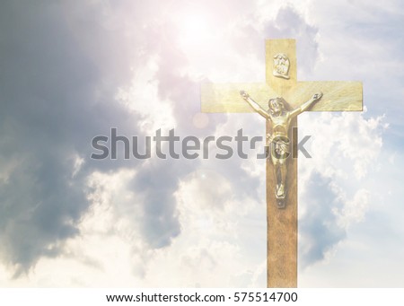 multi layer and soft focus of Jesus crucifix on  white cloud background. can be used for conceptual image or copy space