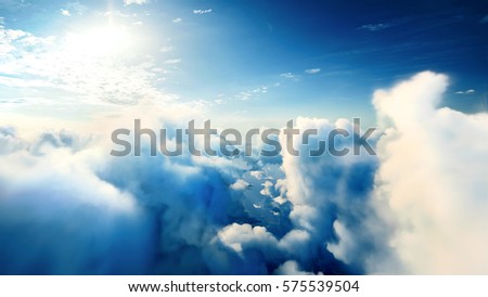 Flying over the timelapse clouds with the afternoon sun. Flight through moving cloudscape with beautiful lens flare. Traveling by air. Perfect for cinema, background