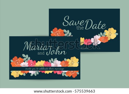 Wedding invitation card suite with cute flowers. Templates. 