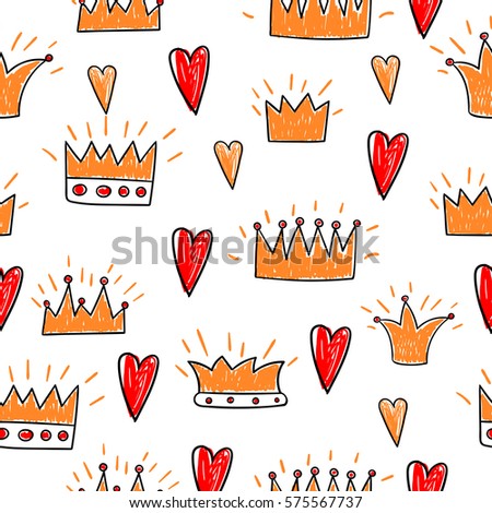 Cute pattern with crowns and hearts in cartoon style on white background. Vector illustration.