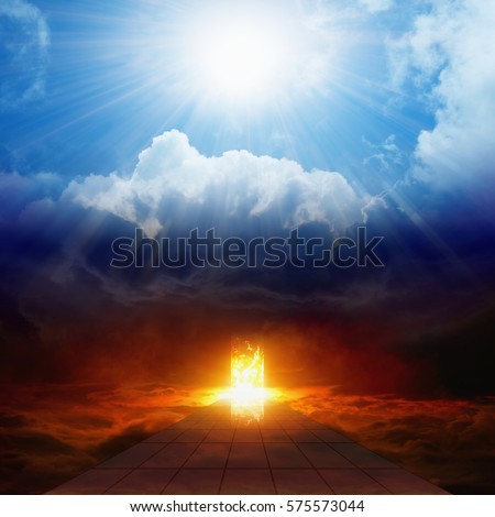 Dramatic religious background - bright light from heaven, burning doorway in dark red sky, road to hell, way to hell, heaven and hell Royalty-Free Stock Photo #575573044