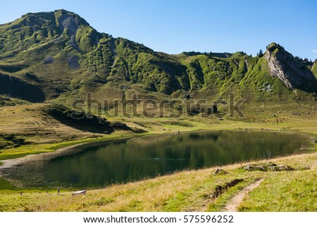 Beautiful picture of a mountain lake in a sunny day of summer