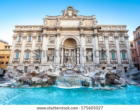 Trevi fountain in the morning, Rome, Italy. Rome baroque architecture and landmark. Rome Trevi fountain is one of the main attractions of Rome and Italy Royalty-Free Stock Photo #575605027