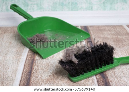 common house dust on a floor, dustpan and brush set Royalty-Free Stock Photo #575699140