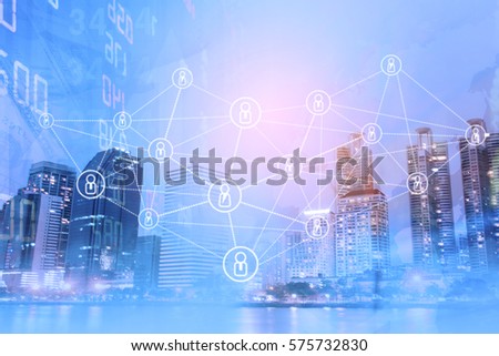 Double Exposure Business with Modern Visual Technology for Trading to Sell in Stock Market with Index Graph and Indicator Background.