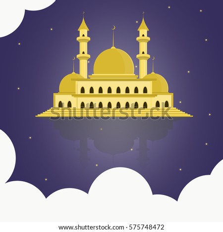 Illustration of Mosque in Starry Blue Sky Background.