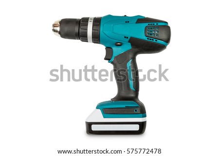 Teal color cordless combi drill, can be used as normal drill, impact drill and screw driver, isolated on white background with clipping path Royalty-Free Stock Photo #575772478