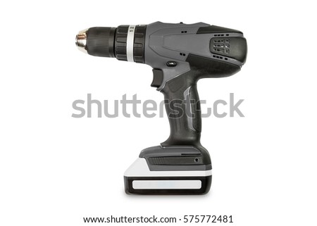Gray color cordless combi drill, can be used as normal drill, impact drill and screw driver, isolated on white background with clipping path Royalty-Free Stock Photo #575772481