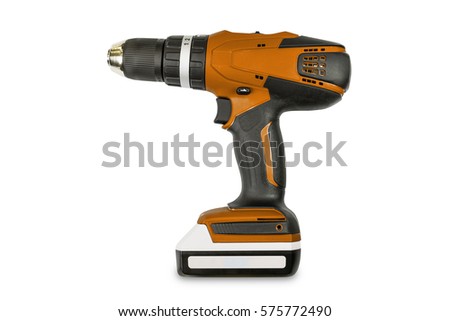 Orange color cordless combi drill, can be used as normal drill, impact drill and screw driver, isolated on white background with clipping path Royalty-Free Stock Photo #575772490