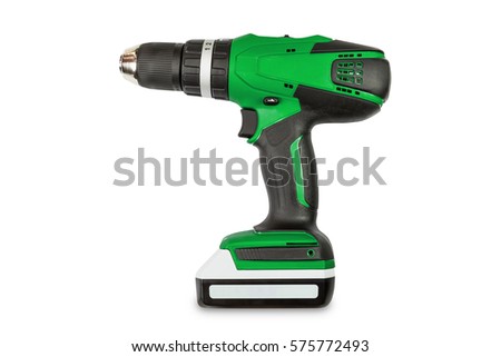 Green color cordless combi drill, can be used as normal drill, impact drill and screw driver, isolated on white background with clipping path Royalty-Free Stock Photo #575772493