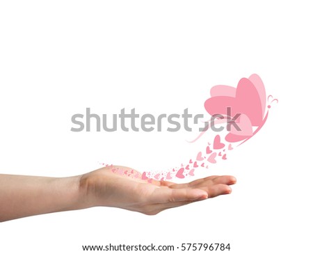 Love concept of young woman holding heart butterflies on white background for valentines day