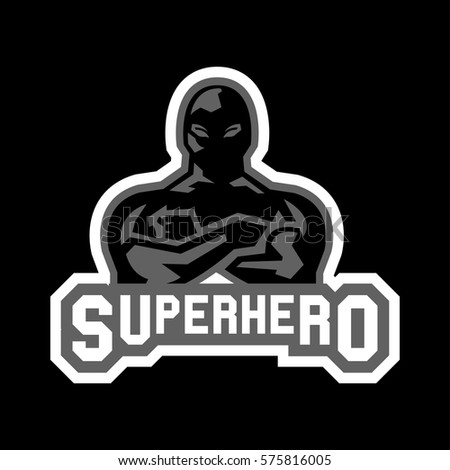 Logo superman. Superhero costume. Defender city. Fighter for justice. Sticker isolated and encircled by a white outline in the background. Black and white execution. Vector illustration. Flat style