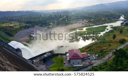 Releasing water to downstream, Khun Dan Prakarn Chon Dam , Thailand