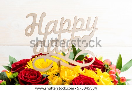 wooden sign on the word bouquet happy day