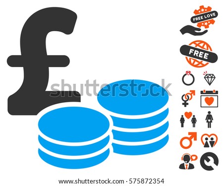 Pound Coins pictograph with bonus dating clip art. Vector illustration style is flat iconic symbols for web design, app user interfaces.