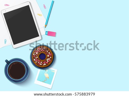 Workplace collection vector mock-up with office stuff for your design. Top view on realistic computer tablet, coffee cup, doughnut, photo, paper, clips, pencil, eraser. 
