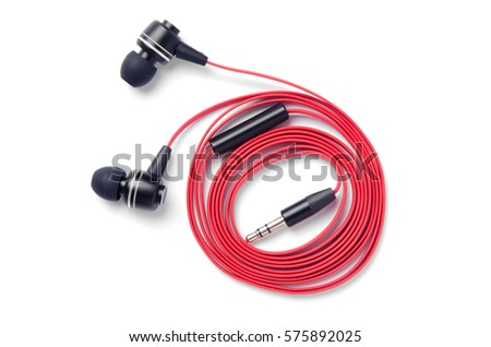 Red headphones on a white background with shadow