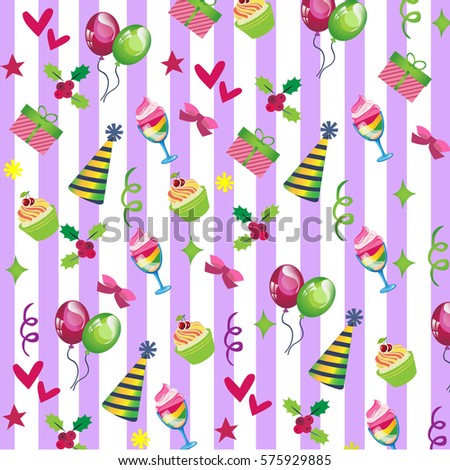 festive background with caps, gifts, balloons, cocktails, hearts