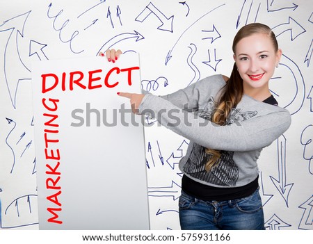 Young woman holding whiteboard with writing word: direct marketing. Technology, internet, business and marketing.