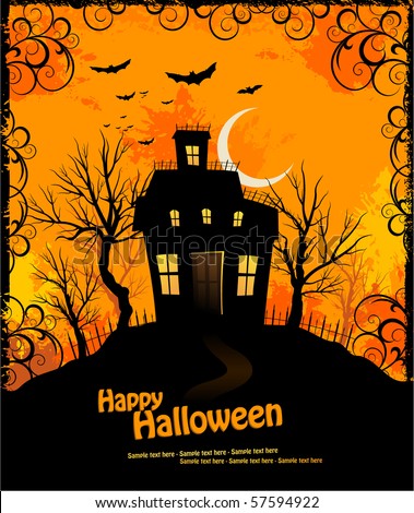 Halloween invitation with haunted house and creepy background