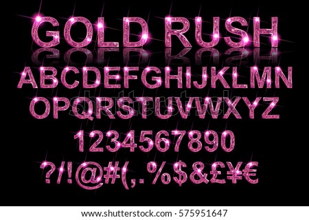 Gold rush. Gold pink alphabetic fonts and numbers on a black background. Vector illustration