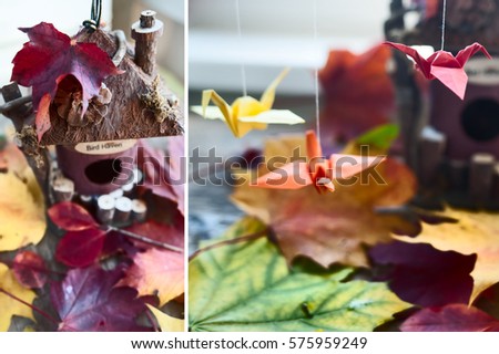 Multicolored maple leaves, autumn. Paper cranes, origami