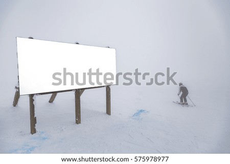 Outdoor advertising illustration with isolated skier on white background. Empty concept for your design.