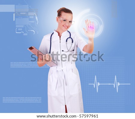 Young nurse in white uniform, transparent glasses and a stethoscope clicks on virtual buttons. Collage.
