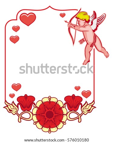 Elegant frame with Cupid, decorative flowers and hearts. Cupid with bow hunting for hearts. Design element for greeting cards and presents. Vector clip art.