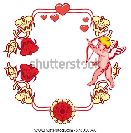 Elegant frame with Cupid, decorative flowers and hearts. Cupid with bow hunting for hearts. Design element for greeting cards and presents. Vector clip art.