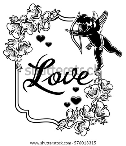 Black and white label with silhouettes of Cupid, hearts and artistic written word "Love".