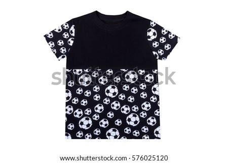 Black undershirt with images of white soccerballs. Clothes for boys and girls. Isolated on a white background