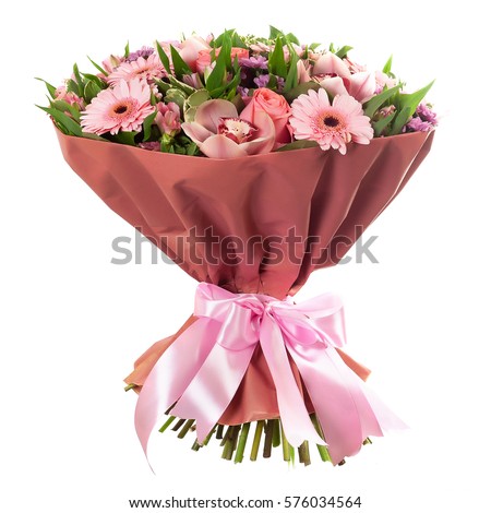 Fresh, lush bouquet of colorful flowers, isolated on white background Royalty-Free Stock Photo #576034564