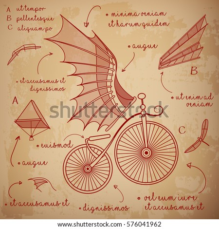 Leonardo da Vinci style sketch. Designs for flying machines. Retro bicycle with da Vinci style wings. Vector illustration. Royalty-Free Stock Photo #576041962