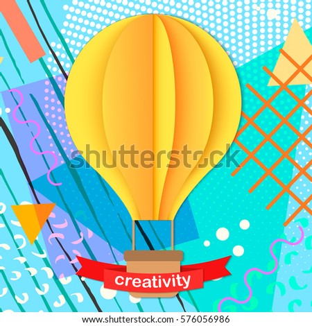 Colorful trendy Neo Memphis geometric poster with paper 3D craft air balloon. Retro style texture, pattern and geometric elements. Modern abstract design poster, cover, card design.