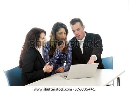 couple and business woman look at laptop sitting at table in studio against white background