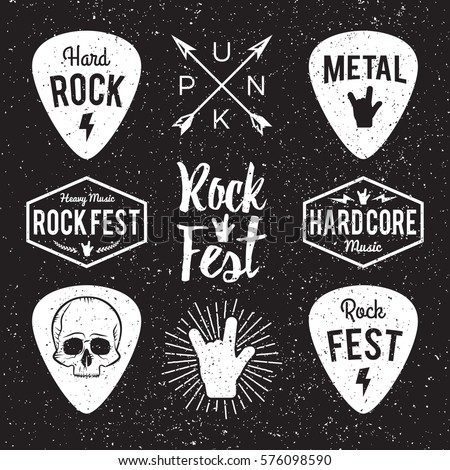 Rock fest badge/Label grunge vector set. For band signage, prints and stamps. Black festival hipster logo with guitars, skull and hand