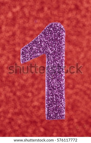 Number one purple color over a red background. Anniversary. Vertical