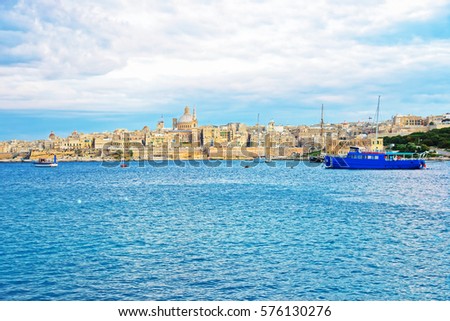 Valletta Skyline with Saint Paul Cathedral and bastions at the Mediterranean Sea on Malta Island