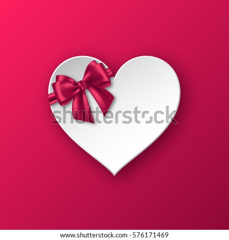 Realistic paper heart with bow for holiday design. Abstract greeting banner. Vector illustration. EPS 10.