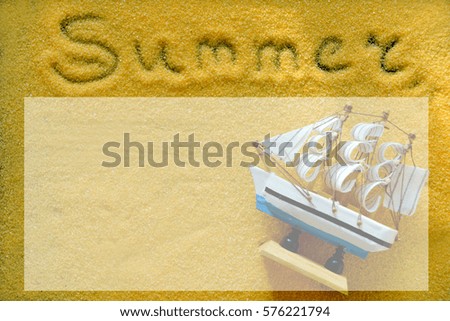 summer background on the sea. Bottle with ship inside lying on the beach. Conceptual image. with a white sheet in the middle, inscription, text, layout, procurement
