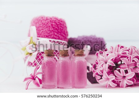 Beautiful spa composition. Pink flowers of the hyacinth. Aromatic oil for Spa