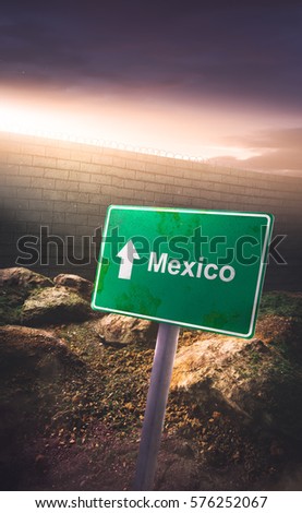 Mexico / US border sign concept with high wall and dramatic lighting