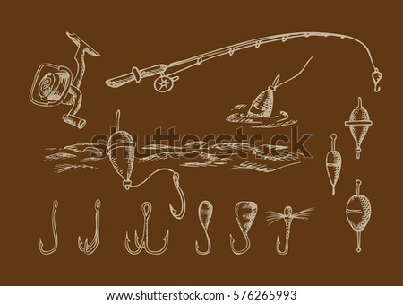 Fishing rod and equipment. Outline set