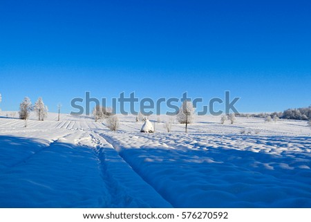 Landscape - Snow field in winter sunny day. Haystacks in winter.