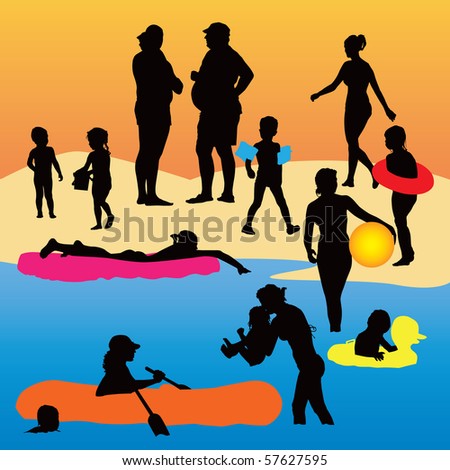Holiday color vector illustration. Kids and parents enjoy hot weather.