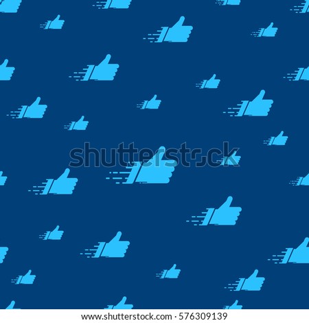 Seamless pattern made of flat thumbs up symbols on blue background. Abstract networks concept for social media banners. Colorful tiling vector composition with cyan cloud of isolated likes