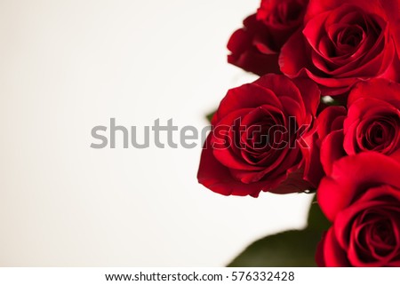 Red roses on white board background, Valentines Day background, wedding day. Sign of love. Show the appreciation to someone you love. Copy space for text.