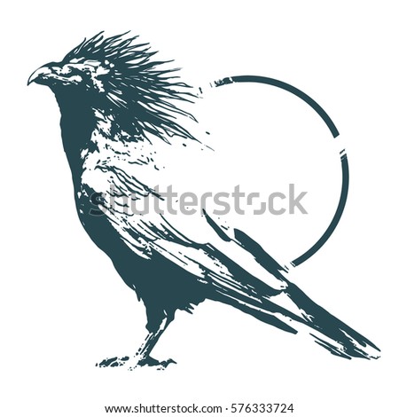 Flat,vector. Figure fantasy raven. Silhouette of the bird with big feathers.