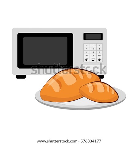 microwave and porcelain dish with bread